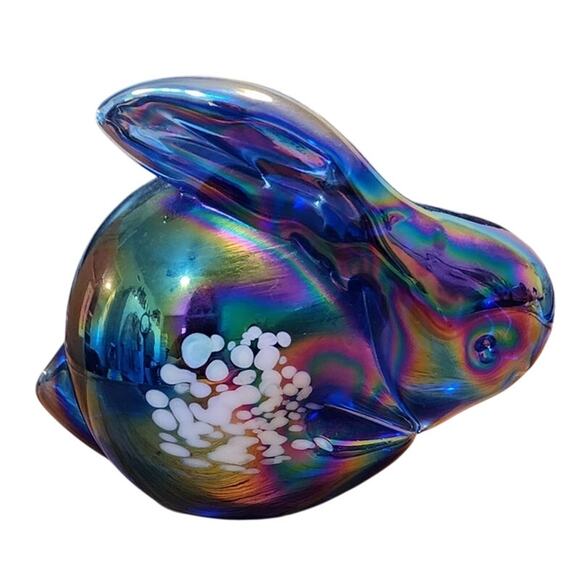 Davar Originals Glass Rabbit Paperweight, Iridescent Blue/White, Vintage - Picture 3 of 6